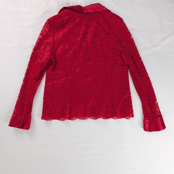 VTG Red Lace Sheer Sleeve Zip Up Collared Jacket Satin Sleeves Sweater Top 90s - Picture 3 of 7